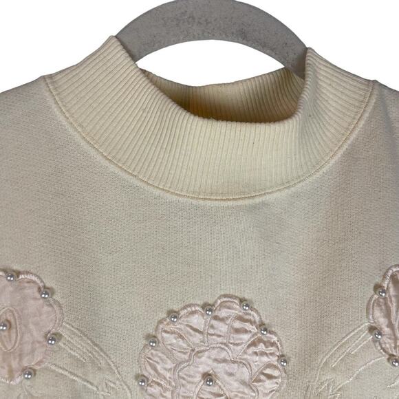Vintage yellow floral appliqué beaded mock neck sweatshirt - Picture 4 of 9